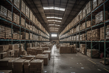 A spacious warehouse filled to the brim with parcels, offering plenty of storage space for various goods. Ai generated.