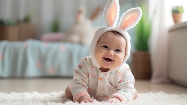 Cute and adorable infant child wearing bunny ears and smiling. Joyful baby dressed like a little rabbit. Cozy well lit indoor background. AI generative image.