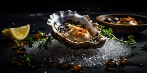 Fototapeta na wymiar AI Generated. AI Generative. Macro photorealistic shot of sea ocean oyster open shell delicious food for wine. Romantic luxury vibe. Graphic Art