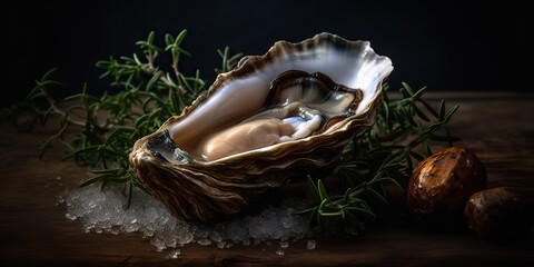AI Generated. AI Generative. Macro photorealistic shot of sea ocean oyster open shell delicious food for wine. Romantic luxury vibe. Graphic Art