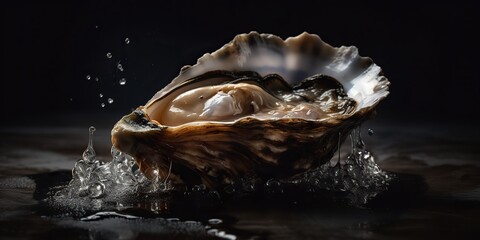 AI Generated. AI Generative. Macro photorealistic shot of sea ocean oyster open shell delicious food for wine. Romantic luxury vibe. Graphic Art