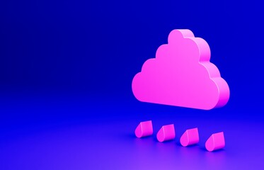 Pink Cloud with rain icon isolated on blue background. Rain cloud precipitation with rain drops. Minimalism concept. 3D render illustration