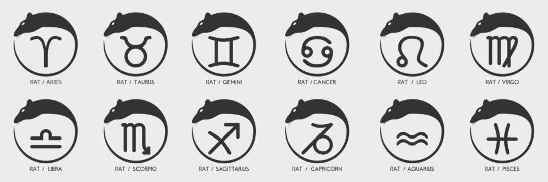 Vector year of the rat mouse Animal icons eastern annual horoscope and zodiac signs in one symbol A zodiac sign is drawn inside the round circle ring symbol of the 2020 2032 2044 2056 years Head Face