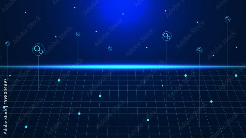 Aufkleber abstract dark blue background with neon light, glowing particle and gears for setting concept.