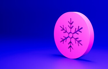 Pink Snowflake icon isolated on blue background. Merry Christmas and Happy New Year. Minimalism concept. 3D render illustration