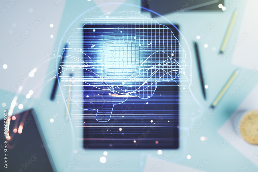 Poster double exposure of creative artificial intelligence symbol and digital tablet on background, top vie