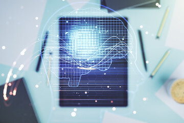 Double exposure of creative artificial Intelligence symbol and digital tablet on background, top...