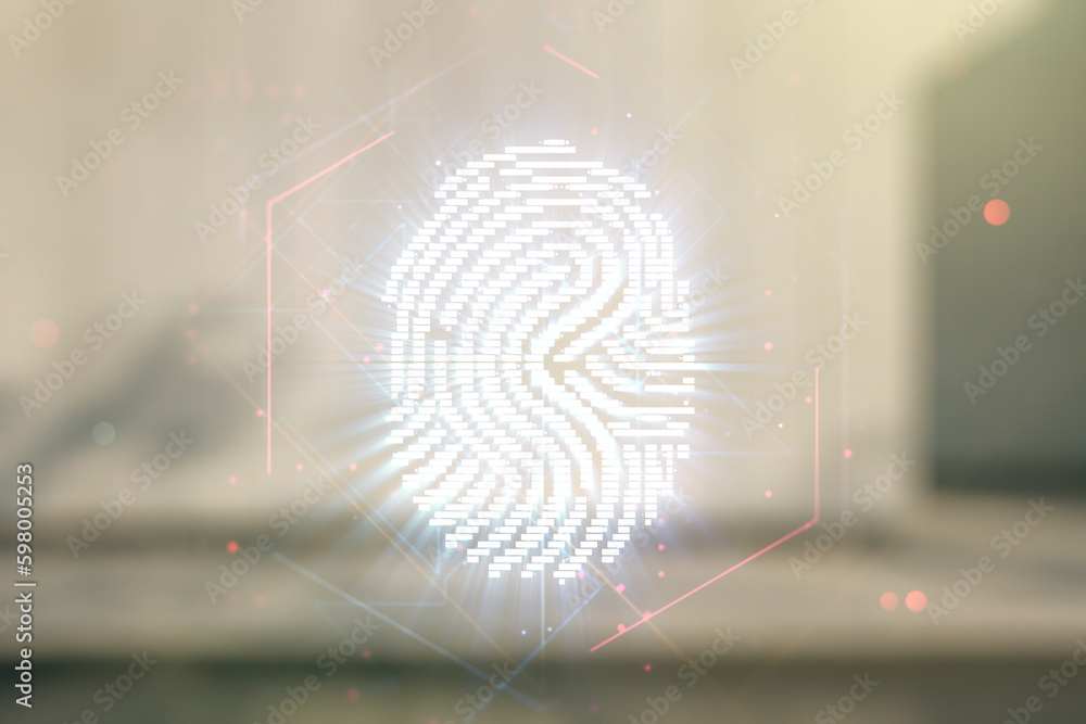 Poster multi exposure of virtual fingerprint scan interface on contemporary business center exterior backgr