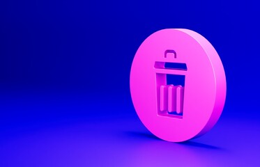 Pink Trash can icon isolated on blue background. Garbage bin sign. Recycle basket icon. Office trash icon. Minimalism concept. 3D render illustration