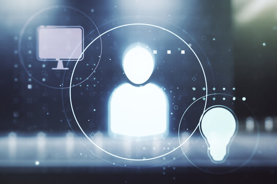 Double exposure of abstract virtual social network icons on modern business center exterior background. Marketing and promotion concept