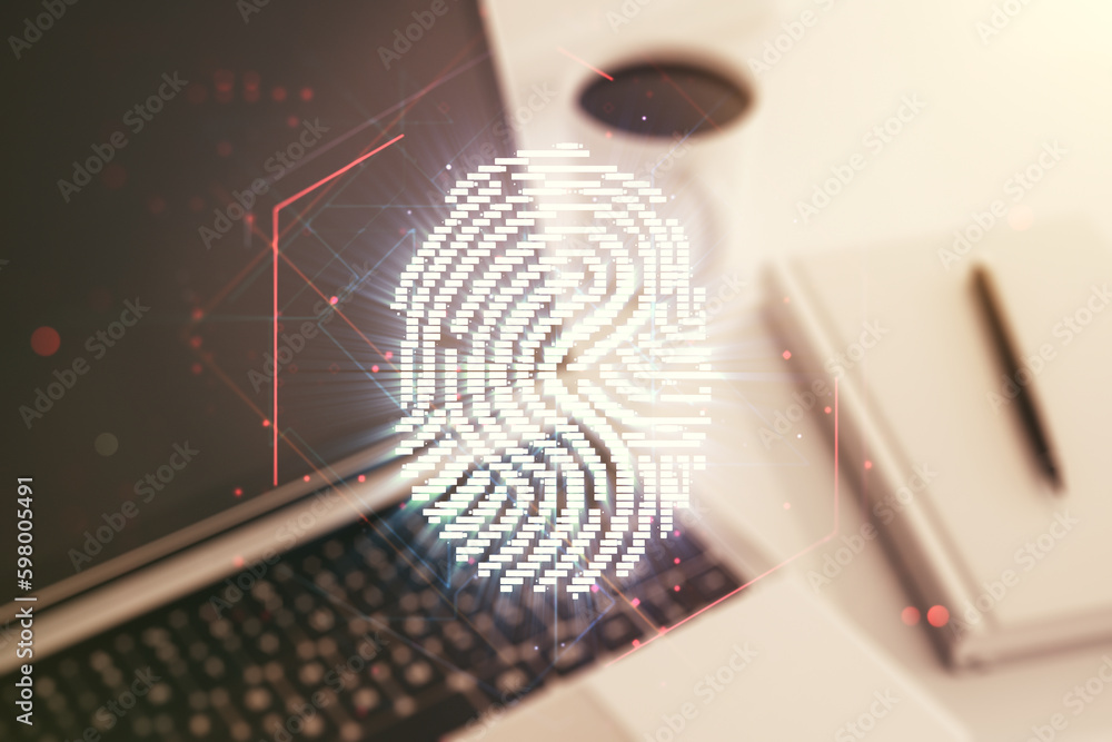 Aufkleber Double exposure of abstract creative fingerprint hologram on computer background, protection of personal information concept