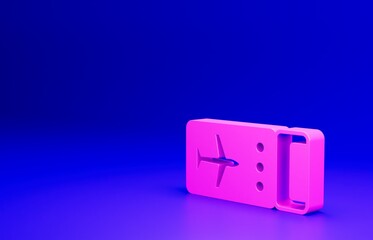 Pink Airline ticket icon isolated on blue background. Plane ticket. Minimalism concept. 3D render illustration
