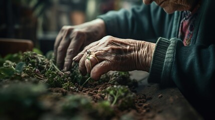 Illustration of elderly person's hands while gardening. Senior woman enjoying growing plants. Outdoor background. AI generative image.