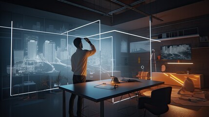 An architect designing a building in an AR workspace.
