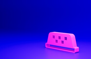 Pink Taxi car roof icon isolated on blue background. Minimalism concept. 3D render illustration