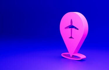 Pink Plane icon isolated on blue background. Flying airplane icon. Airliner sign. Minimalism concept. 3D render illustration