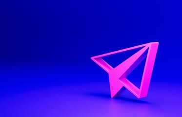 Fototapeta premium Pink Paper airplane icon isolated on blue background. Minimalism concept. 3D render illustration