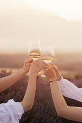 A group of girlfriends toasting glasses with wine at sunset. Together clinking glasses, close-up.