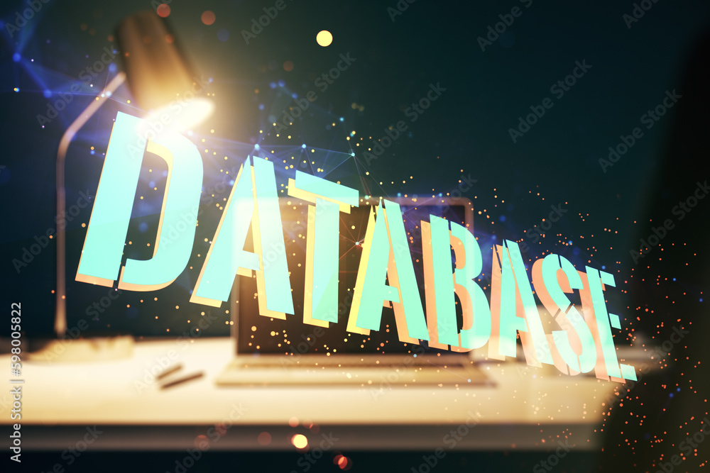 Poster double exposure of database word sign on laptop background, global research and analytics concept