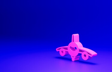 Pink Plane icon isolated on blue background. Flying airplane icon. Airliner sign. Minimalism concept. 3D render illustration