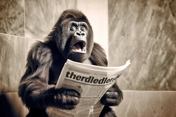 Gorilla Caught by Surprise: Reading Newspaper on Toilet, Humorous Moment - obrazy, fototapety, plakaty