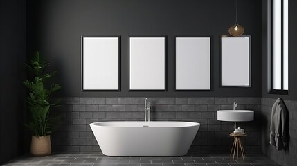 Fototapeta na wymiar Dark gray tiles, white bathtub, and three posters above. Health and hygiene. Mockup