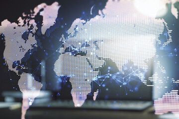 Multi exposure of abstract creative digital world map on modern laptop background, tourism and...