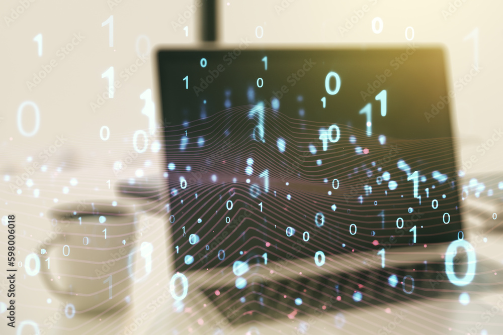 Fototapete Creative abstract binary code sketch on modern laptop background, hacking and matrix concept. Multiexposure