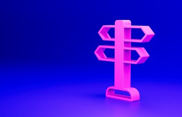 Pink Road traffic sign. Signpost icon isolated on blue background. Pointer symbol. Isolated street information sign. Direction sign. Minimalism concept. 3D render illustration