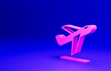 Pink Plane takeoff icon isolated on blue background. Airplane transport symbol. Minimalism concept. 3D render illustration