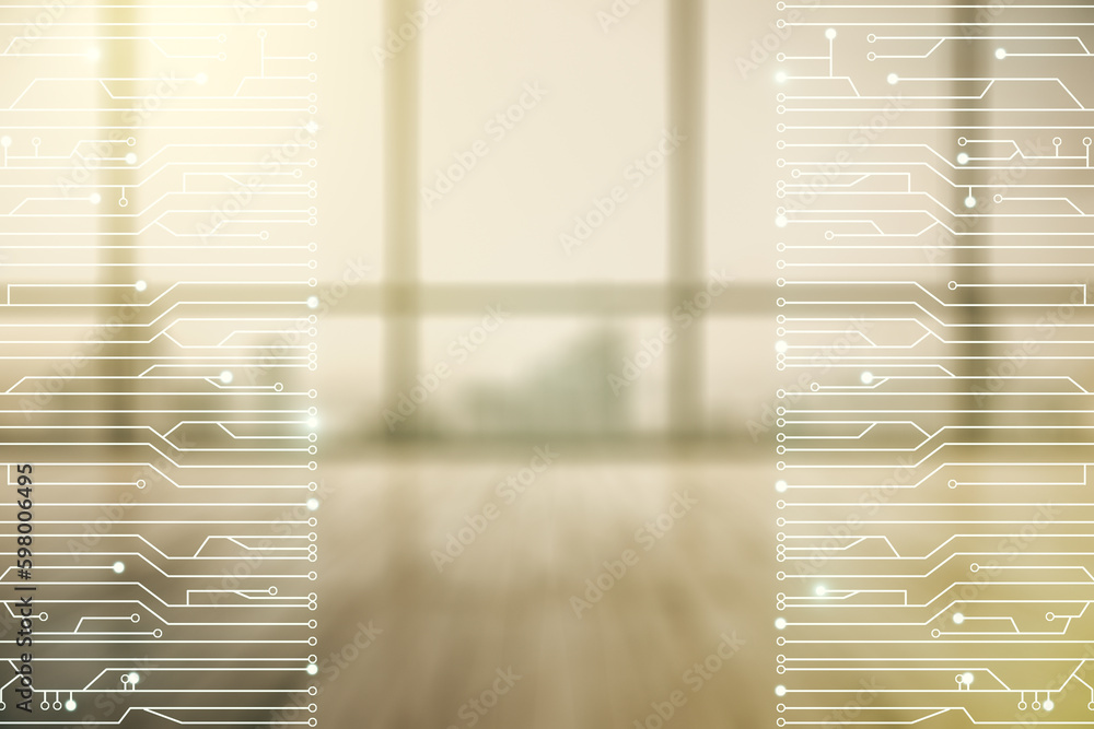 Poster abstract virtual micro chip hologram on empty classroom background, artificial intelligence and mach