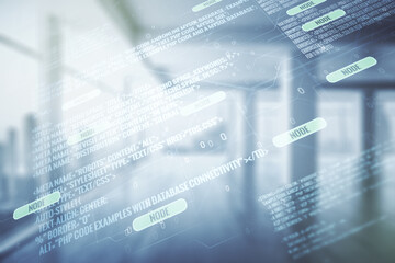 Double exposure of abstract creative programming illustration on empty room interior background, big data and blockchain concept