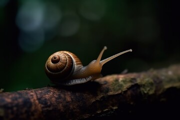 A small snail on a piece of wood.  Generative AI.