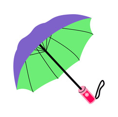 Cartoon colorful umbrella vector graphic illustration. Purple accessory with handle protection from rain isolated.