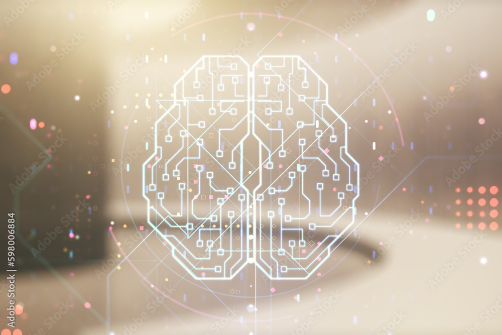 Poster double exposure of creative artificial intelligence interface on empty modern office background. neu