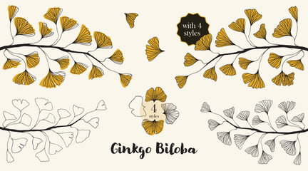 Hand drawn Silhouette set of ginkgo biloba tree isolated on white, Hand drawn ginkgo biloba set, Hand drawn line silhouette ginkgo biloba tree, hand drawn japanese vector flower line silhouette