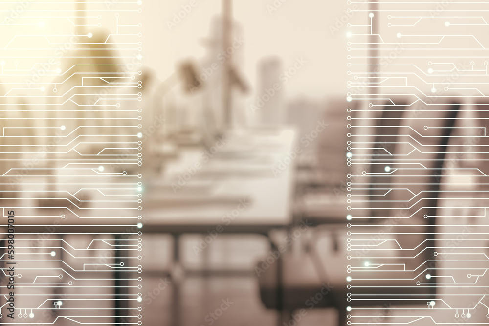 Aufkleber double exposure of abstract virtual circuit hologram on modern corporate office background. research