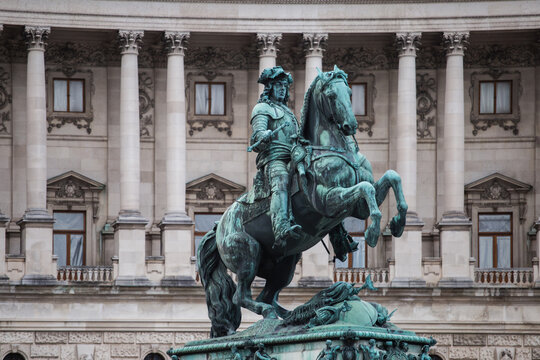 Vienna, Austria - April 01, 2023: Bronze statue of Eugene of Savoy on Heldenplatz with the Hoffburg facade in the background