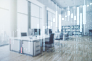 Double exposure of abstract creative financial chart hologram on modern corporate office background, research and strategy concept