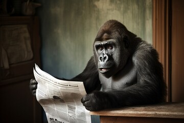 Playful Gorilla in Kitchen: Shocked Expression, Reading Newspaper, Imaginative Scene, Generative AI