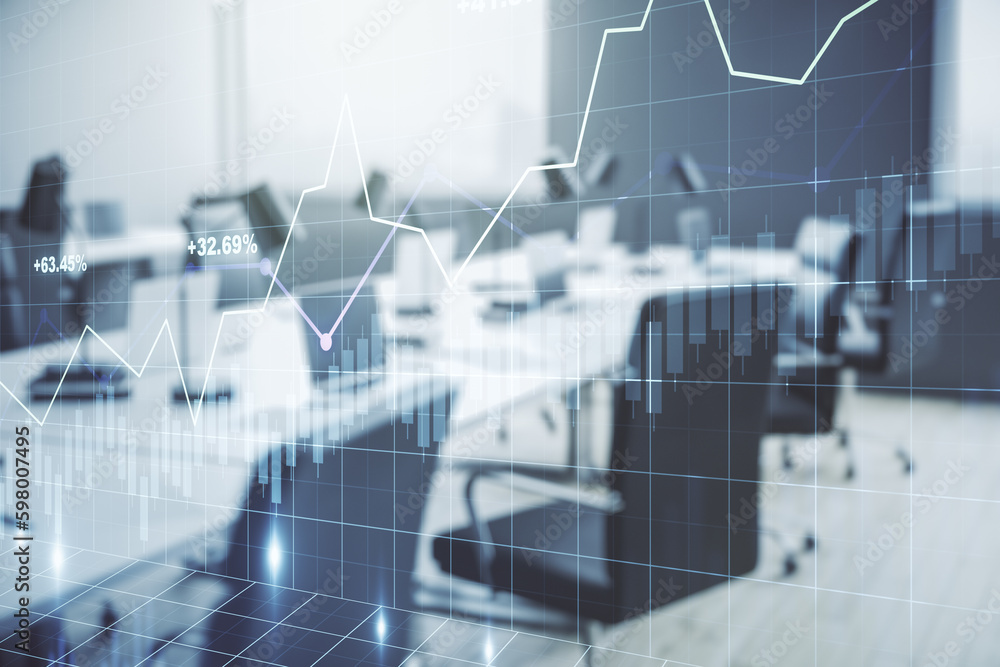 Poster multi exposure of virtual abstract financial graph interface on a modern furnished classroom backgro