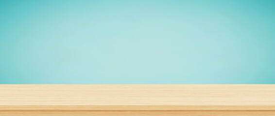 Empty wood table top on blue background, Template mock up for display of product