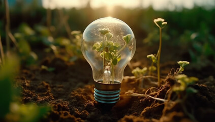 Plant growing inside a light bulb - future is eco green - Generative AI