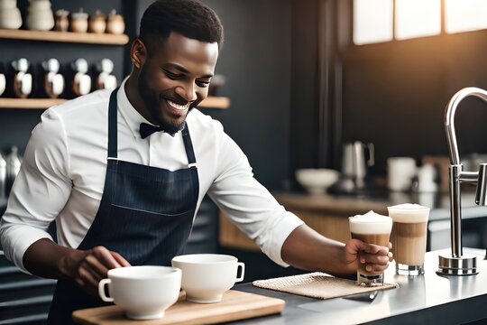 The Art of Brewing: Young African Barista Making Perfect Cappuccino in a Coffee Shop. Generated by AI