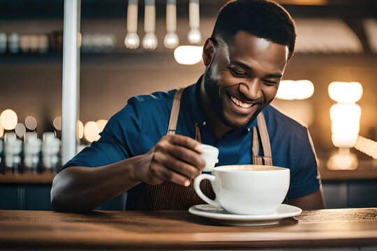 The Art of Brewing: Young African Barista Making Perfect Cappuccino in a Coffee Shop. Generated by AI