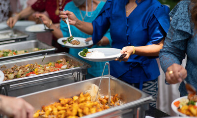buffet food, catering food party at restaurant, mini canapes, snacks and appetizers