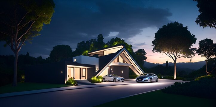 Photo Of Two Parked Cars In Front Of A House At Night