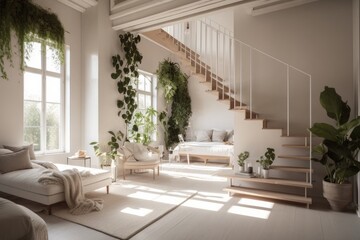 Fototapeta na wymiar Modern minimal living room with plants with earthy finish, AI Image