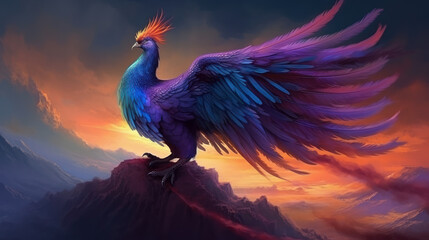 A pheonix in realistic style on sunrise