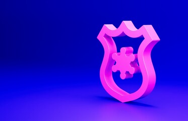 Pink Police badge icon isolated on blue background. Sheriff badge sign. Minimalism concept. 3D render illustration